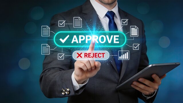 Executive selecting approve option on digital interface, workflow automation concept, document processing system, administrative task completion, business efficiency improvement