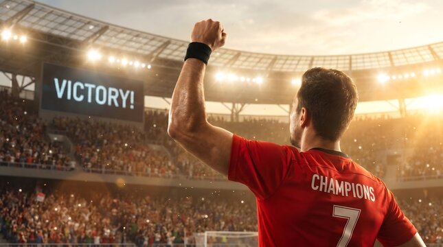 Professional soccer player wearing red jersey celebrating victory with raised fist on pitch of crowded stadium at sunset while bright lights illuminate cheering crowd