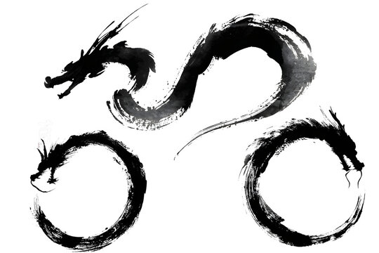筆で描かれた龍の墨絵のイラストセット。和風筆描きデザイン素材