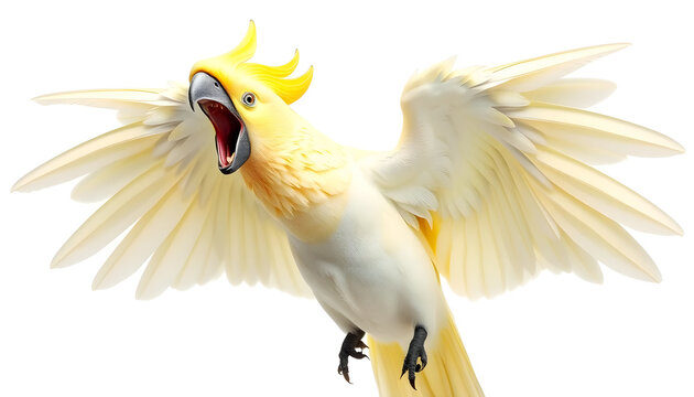 An action shot of a beautiful white sulphur-crested cockatoo bird in mid-flight with its large wings fully spread, opening its beak wide in a loud dramatic squawk, isolated on a white background.