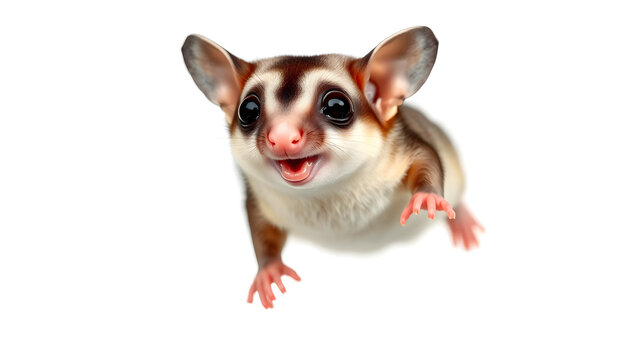 A cute little sugar glider marsupial leaping forward with a happy, smiling face and wide eyes, isolated on a white background.