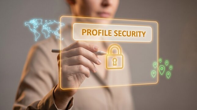 Profile Security Icon with Lock and World Map in Glowing Panel to Protect User Data, Enforce Login Policies, Manage Global Access, and Ensure Digital Privacy