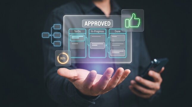 Gantt Chart Approved Icon with Kanban Board and Progress Tracker in Glowing Panel to Manage Tasks, Coordinate Phases, Visualize Workflow, and Confirm Sign-off