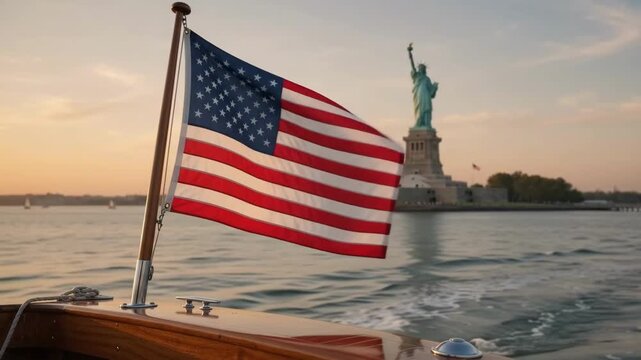 American flag waving on a boat with the Statue of Liberty in the background at sunset for a patriotic 4th july celebration in New York harbor