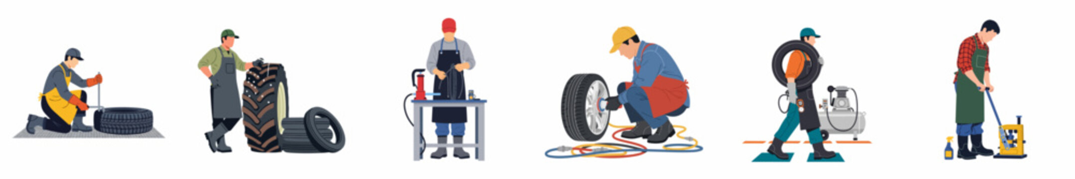 Flat Vector Illustrations of Professional Mechanics Performing Tire Services and Repairs in a Workshop Setting