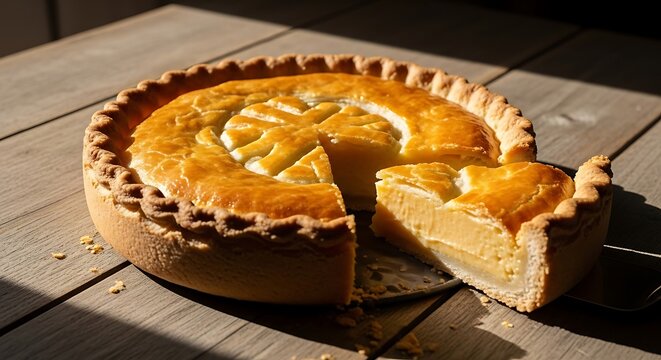 Fresh baked golden fruit pie with a slice being served on a rustic wooden table. lucuma pie
