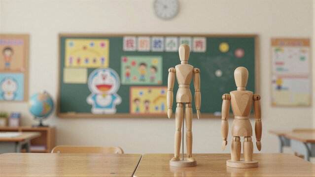 Wooden dolls stand on desk in bright, colorful classroom setting.