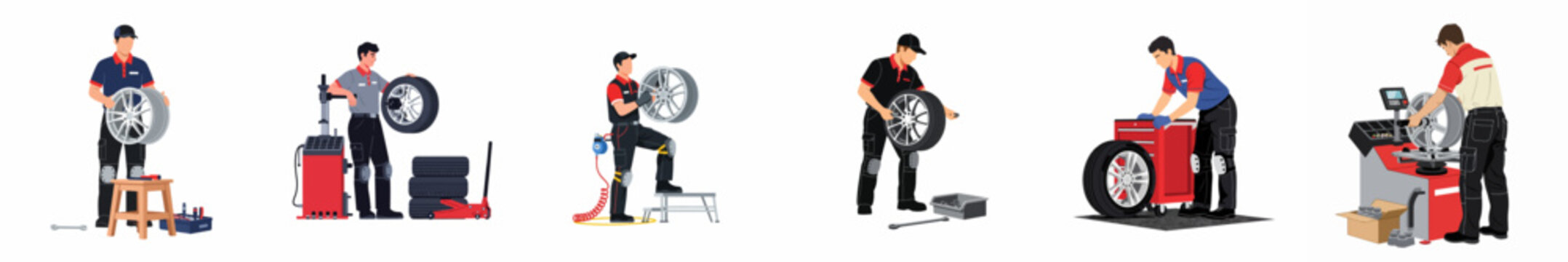 Set of Flat Illustrations Showing Mechanics Performing Tire Fitting and Balancing Services in an Auto Repair Shop.