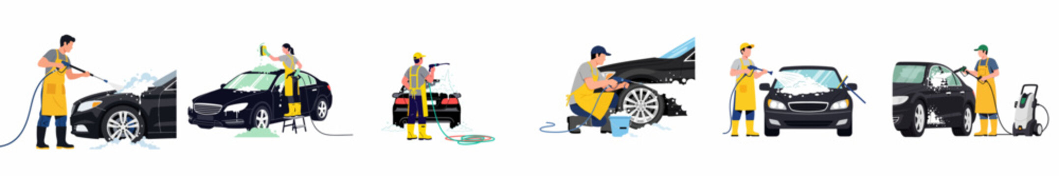 Professional car wash service collection with workers using pressure washers, sponges, and soap to clean black vehicles in a flat vector style.