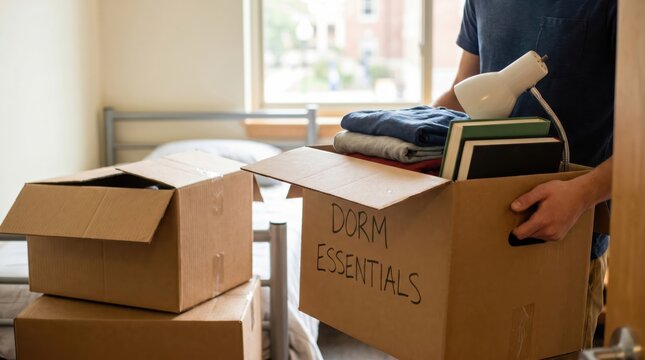 Young male college student moving into dorm room carrying cardboard box labeled dorm essentials for university freshman housing relocation and campus life preparation