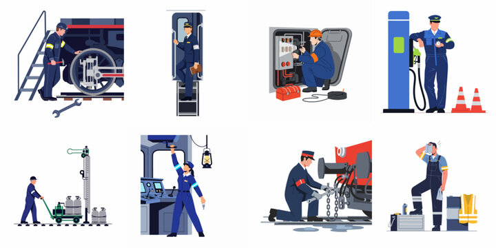 Set of flat vector illustrations featuring railway industry workers performing maintenance, repair, and operational tasks at a train station and yard.