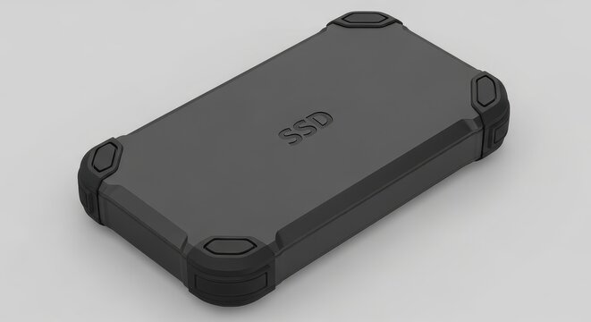 Black rugged ssd hard drive on gray background