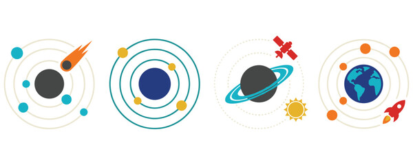 Space solar system icons set with planets orbit and rocket satellite. © MDTAZBIRHOSSAIN