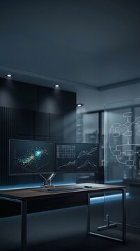 Advanced data science command center with dual monitors and transparent flowchart whiteboard vertical layout
