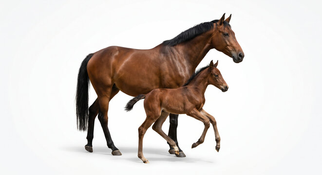 Beautiful studio portrait of a bay horse mare and its cute young foal trotting together against a plain white background