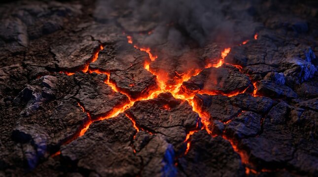 Cracked ground with incandescent lava and magma glowing intensely after a volcanic eruption or catastrophic earthquake.