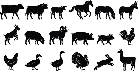 Collection of eighteen farm animal silhouette vector icons featuring livestock and poultry isolated on white background image_3b777e.png © MdSaiful