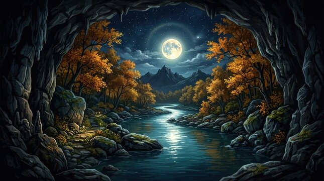 Digital illustration beautiful night scene full the river with moon. bizarre landscape conceptual visual art