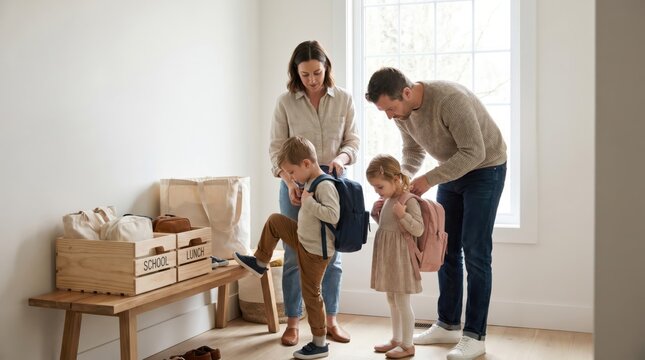 Caucasian family with young son and daughter getting ready for school in home entryway with backpacks and organized storage crates for morning routine preparation