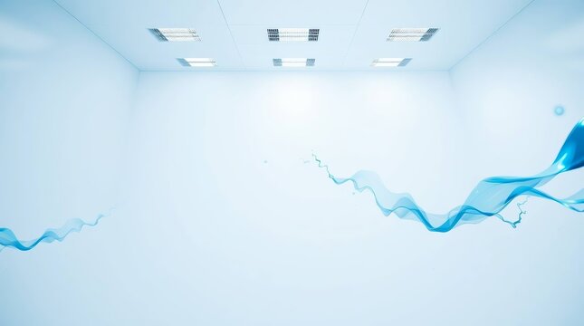 ​A conceptual background featuring a bright, minimalist white room with recessed ceiling lights, accentuated by dynamic, flowing blue liquid waves that create a sense of movement, purity, and modern