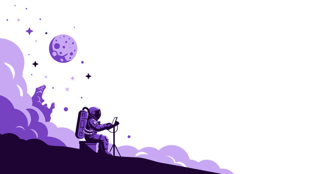 Astronaut sitting on alien planet using tablet device.