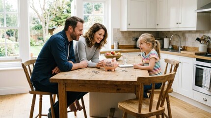 Fototapeta premium Family three - man woman young Happy Caucasian with daughter learning about savings