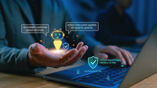 Artificial intelligence robot avatar isolating system anomaly and applying data patch on laptop for cybersecurity, network protection