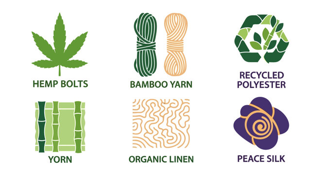 Sustainable Fabric Icons: Hemp, Bamboo, Recycled Polyester, Organic Linen, Peace Silk