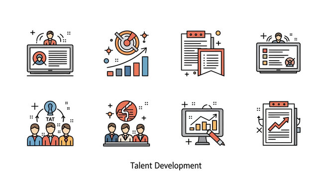 Talent Development Icons: Career Growth, Training, Strategy, and Teamwork Concepts