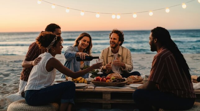 Diverse group of friends enjoying beach party dinner at sunset, pouring wine, laughing together, summer vacation lifestyle, outdoor picnic on sand, string lights decoration
