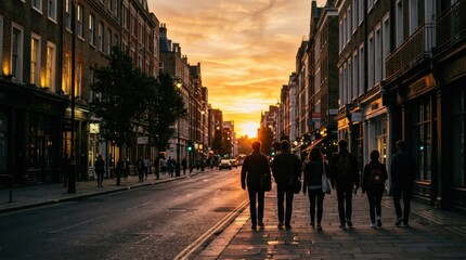 Obraz premium Group people walking street sunset sky Silhouetted pedestrians walk along a city sidewalk during vibrant