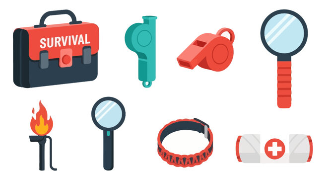 Survival Gear Flat Icons: First Aid, Magnifying Glass, Whistle, Torch, Paracord