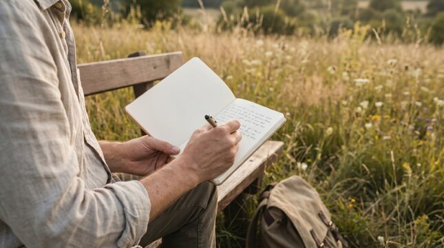 Young man writing in a notebook while sitting on a wooden bench in a meadow, capturing creative thoughts and journaling in nature, mindfulness and mental health concept