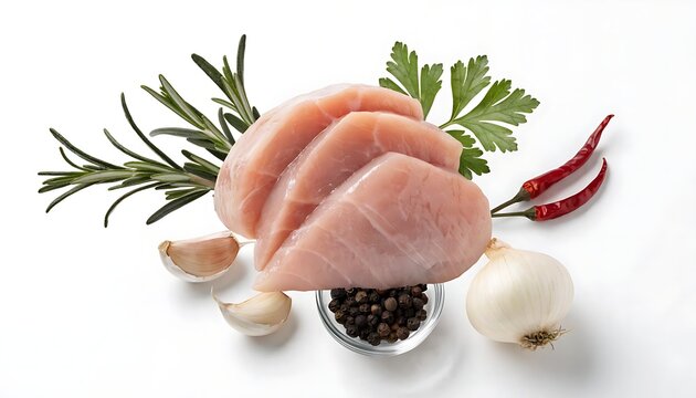 Raw fish fillets with herbs and spices on white background