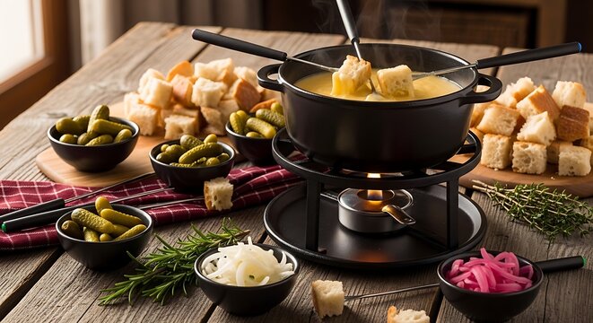 Delicious cheese fondue dinner with bread and side dishes on a wooden table. wooden table fondue display