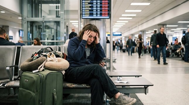 Stressed young woman sitting in airport terminal with luggage feeling frustrated by flight delay, travel disruption concept, tired female traveler waiting for departure