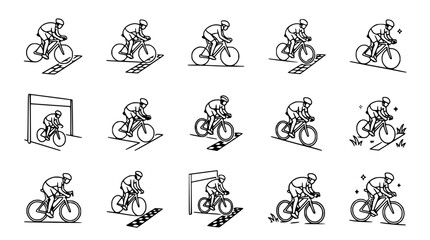 Naklejka premium Cycling Competition Set: Cyclists Racing, Winning, and Crossing Finish Line in Line Art Style