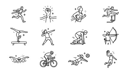 Naklejka premium Sports Icons Set: Running, Gymnastics, Cycling, Swimming, Archery, Volleyball, Shot Put, Hurdles