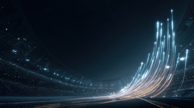 Glowing light paths show the potential for growth in sports investment set in a modern football arena with a dark background.
