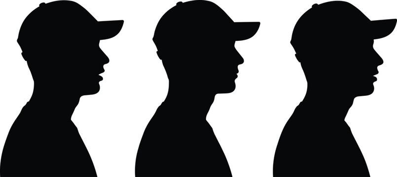 Profile silhouettes of three men wearing baseball caps facing right isolated on a white background