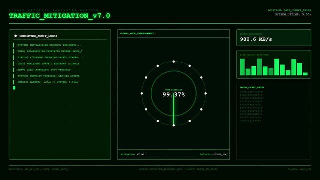 Traffic Mitigation Global Security Perimeter Monitor Node Interconnect Core Stability Dashboard Animation Cybersecurity.