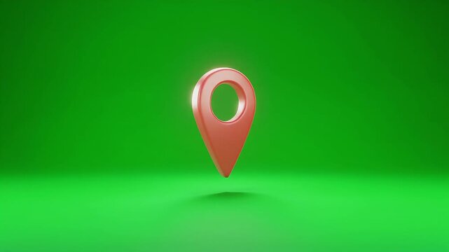A realistic 3D red map location pin icon drops from above the frame, lands in the center with a soft bounce effect