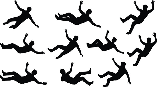 Silhouette collection of men falling through the air or floating in space for conceptual graphic design