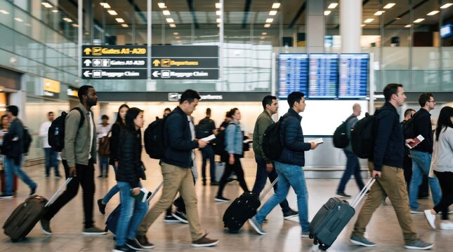Diverse group of young adult travelers walking through busy airport terminal with luggage and backpacks for international travel and business trip concept