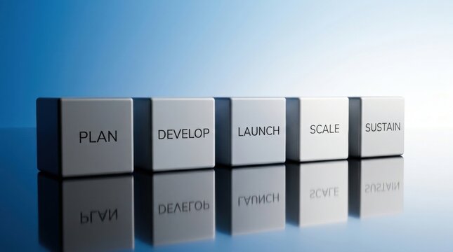 Row six square-shaped cubes arranged line Transparent glass blocks displaying business development stages from plan