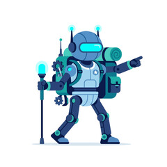 Fototapeta premium Blue robot explorer with backpack and glowing staff pointing