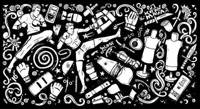 Detailed black and white doodle illustration of Krav Maga and combat sports elements, featuring fighters, training gear, and self-defense weapons.