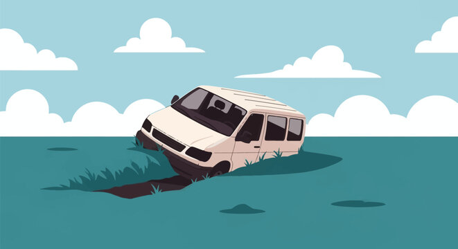 Flat vector illustration of a white unidentifiable delivery van stuck in a deep muddy ditch in a rural field under a blue sky with clouds, depicting an off-road vehicle accident.