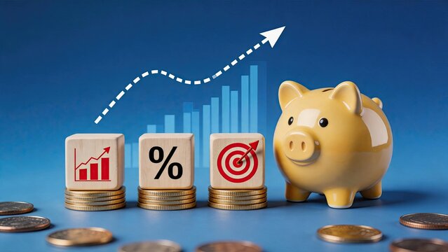 Financial growth and investment concept with wooden blocks showing graph, percentage, and target symbols next to a yellow piggy bank and scattered coins against a blue background