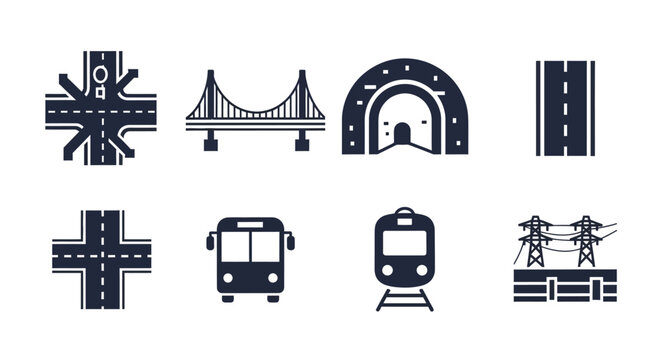Transportation Icons: Roads, Bridge, Tunnel, Bus, Train, Power Lines